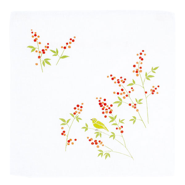 Gauze Handkerchief Nandina and Bird Orange